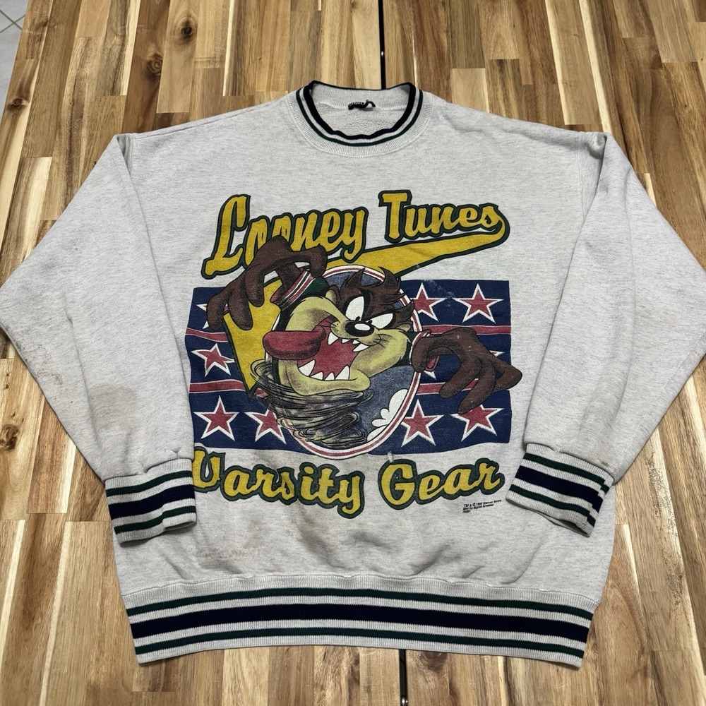 Vintage Looney Tunes Sweatshirt Mens M Gray Varsity Gear Taz Crewneck Fleece 90s